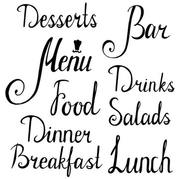 hand drawn lettering isolated. menu breakfast lunch dinner food salads drinks bar desserts inscriptions.