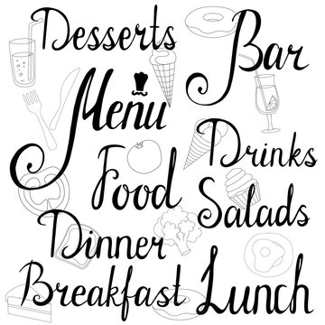 hand drawn lettering. menu breakfast lunch dinner food salads drinks bar desserts inscriptions.