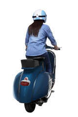 Young asian woman wearing helmet sitting on an old scooter
