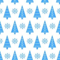 Christmas tree and snowflake vector seamless pattern.