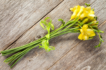 Freesias on old wooden surface