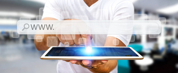 Man surfing on internet with digital tactile web address bar
