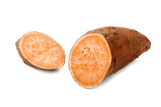 cut through sweet potato isolated on white