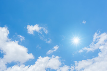 Blue sky with clouds and sun reflection. looking up view