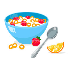 tasty cornflakes in blue bowl with spoon and strawberry and orange. A healthy and wholesome breakfast. Vector illustration isolated on white background.