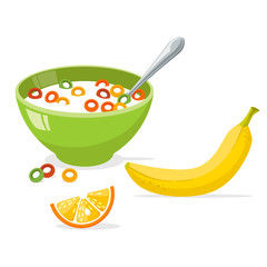 tasty cornflakes in green bowl with spoon and banana and orange. A healthy and wholesome breakfast. Vector illustration isolated on white background.