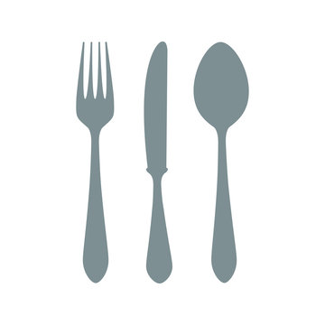 Icon vector illustrations of fork, knife and spoon isolated on white background. Vector illustration