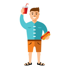 Vector Happy hipster man with hot dog and drink. Flat style colorful Cartoon illustration.