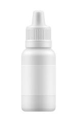 Nasal or eye spray for nose or eye health. Realistic white plastic container for fluid. Mockup bottle with medical drug for nose or eye . Pharmacy blank packing medication vector illustration