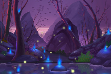Forêt fantôme. Illustration numérique de CG de jeu vidéo, illustration de concept, arrière-plan de style dessin animé réaliste