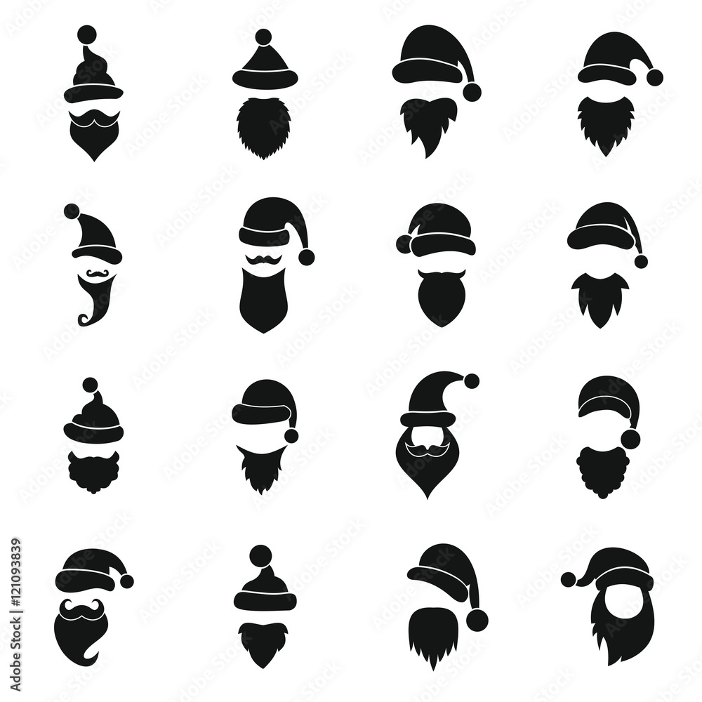 Poster santa hats, mustache and beards icons set in simple style. christmas elements set collection vector 