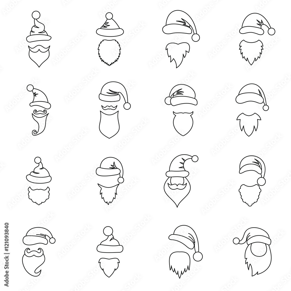 Wall mural Santa hats, mustache and beards icons set in outline style. Christmas elements set collection vector illustration - Wall murals