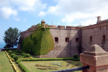 Fototapeta na wymiar View of the castle Montjuic located on Montjuic mountain in Barcelona, Catalonia, Spain
