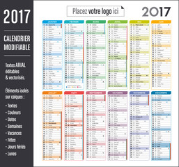 Obraz premium Calendrier 2017 modifiable (éléments isolés sur calques, textes en ARIAL éditables et vectorisés)
