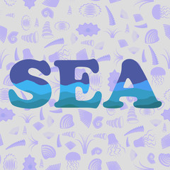 Shell Silhouette Seamless Pattern on Blue. Sea Background