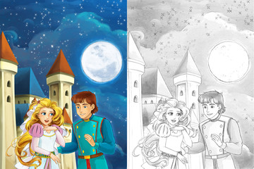 cartoon scene with young and beautiful princess smiling during romantic night illustration for children