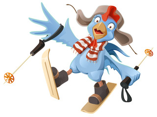 Blue Rooster symbol 2017. Cartoon Cock chicken skiing