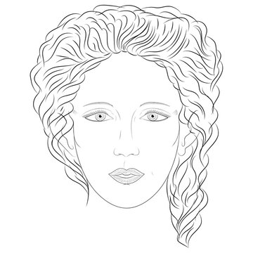Hand Drawn Woman in Full Face. Sketch Drawing Beautiful Lady with Curly Hairs. Vector Illustration.
