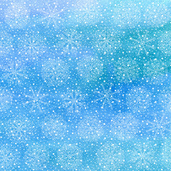Obraz premium Christmas and Happy New Year background. Hand drawn turquoise blue watercolor abstract texture with snowflakes. Falling snow raster holiday backdrop for card.
