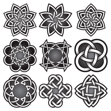 Set of logo templates in Celtic knots style. Tribal tattoo symbols package. Nine silver ornaments for jewelry design. Monochrome logos design elements.