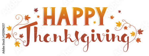 "HAPPY THANKSGIVING in brush font with autumn leaves ...