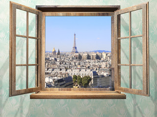 Opened wooden window and view on Eiffel tower, Paris