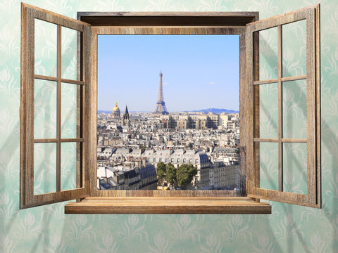 Opened Wooden Window And View On Eiffel Tower, Paris