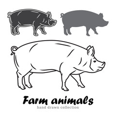 Hand drawn pig silhouette. Farm animals vector illustration. 