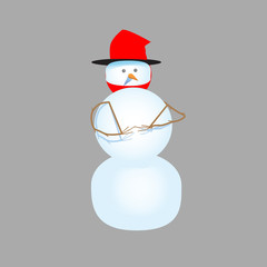 Snowman in bright hat on a gray