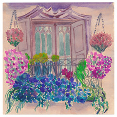 Balcony garden, blossoming flowers, latice, vintage balcony door and facade. Watercolor provence postcard.
