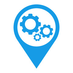 Icono plano localizacion engranajes azul