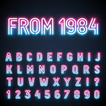 Glowing neon tube font. Retro text effect.