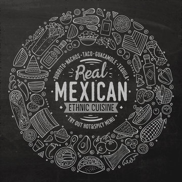 Set of Mexican food cartoon doodle objects, symbols and items
