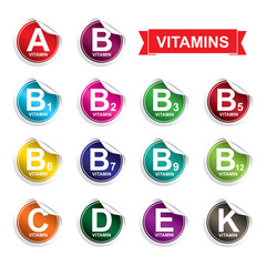 Vitamins sticker, button, label and sign set.
