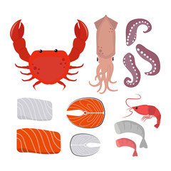Seafood set design flat fish and crab. Seafood fish, seafood platter, lobster and crab, food oyster, fresh seafood, shrimp and menu sea food, octopus animal, shellfish. Fresh sea food collage