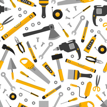 Flat working home tools pattern. Construction and home repair instruments. Hand drill, glue, screwdriver, saw and pliers, level, hammer and scissors. Vector