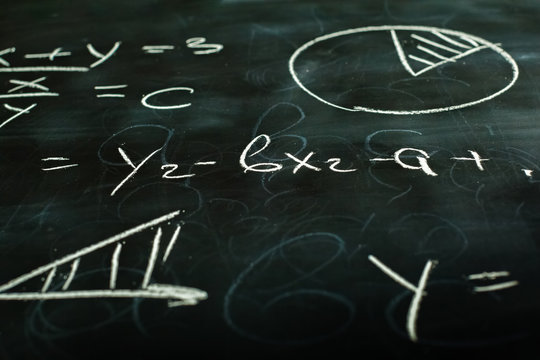 close up of math formulas on a blackboard