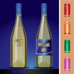 Vector wine bottles mockup with your label here text. Blue bottle and yellow wine. Red, orange, green and pink caps