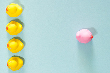 Pink rubber duck standing out from the common yellow ones. Uniqueness, difference, individuality and thinking outside the box concept. (Toned image with selective focus)