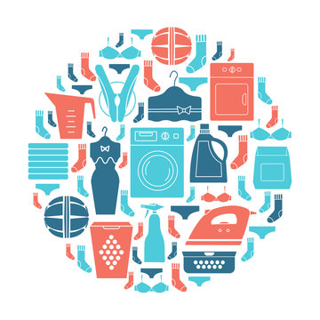 Unique vector concept with the various elements of  laundry. Washing machine, iron, dress. Clean and easy to edit. Unique illustration for t-shirts, banners, flyers and other types of business design.