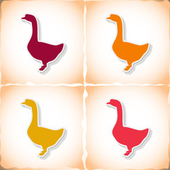 Goose. Flat sticker with shadow on old paper