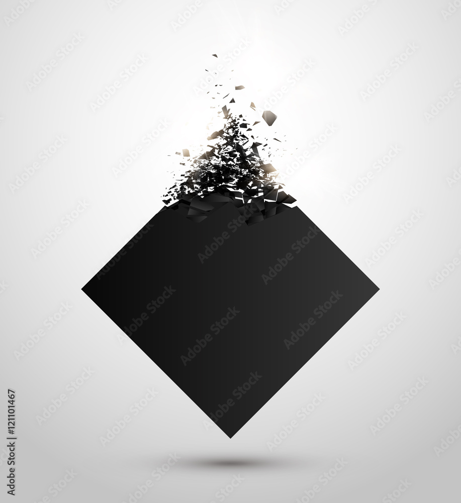Poster black square with debris on white background. abstract black explosion. geometric background. vector