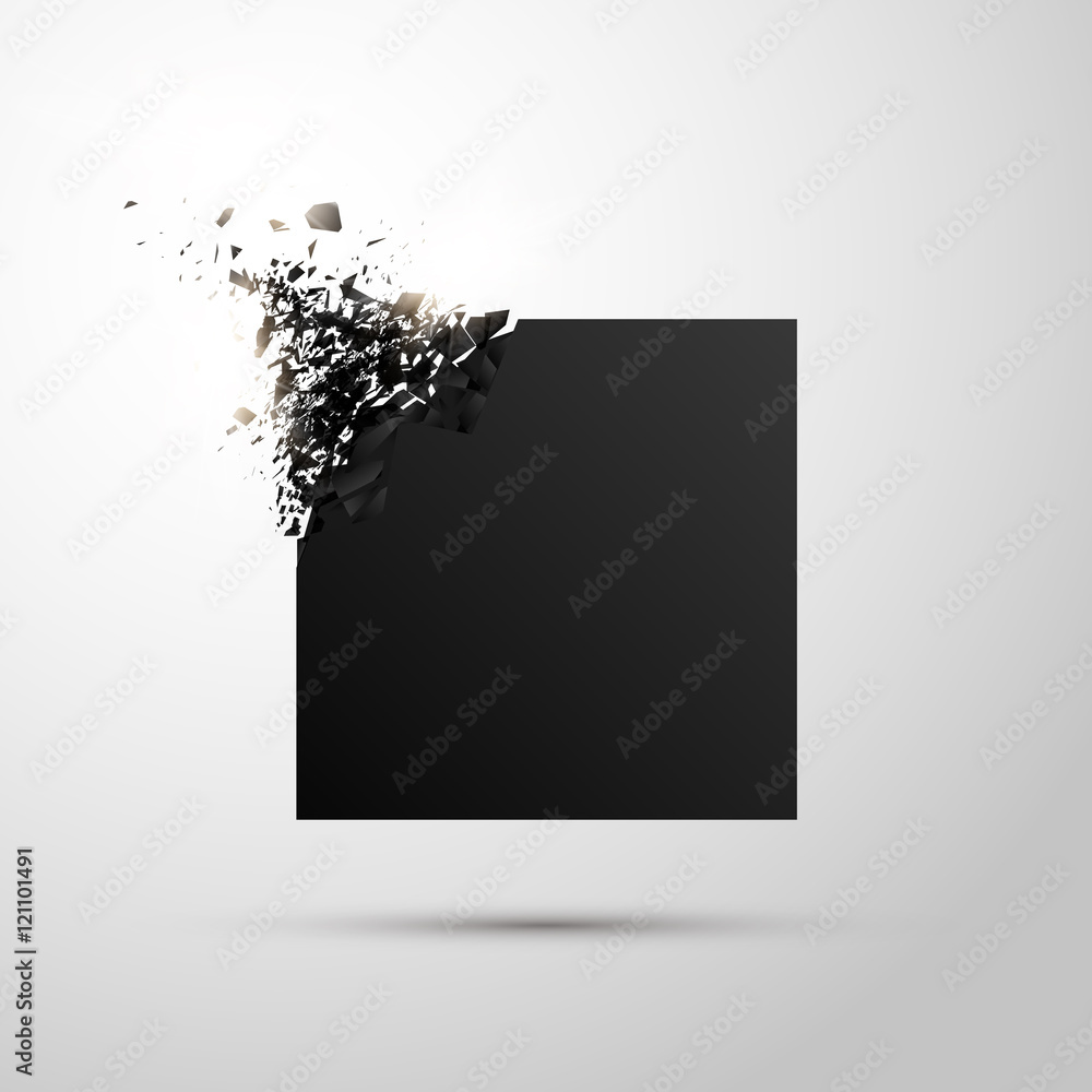 Poster black square with debris on white background. abstract black explosion. geometric background. vector