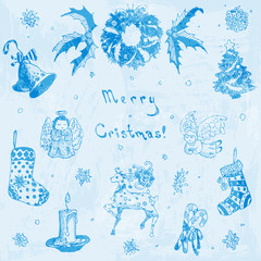 Doodle hand drawn Merry Christmas illustration. Christmas tree, gift, bell, snowflake, candle, ribbon, candy, deer, present, ornament, angel, sock, mistletoe, garland.