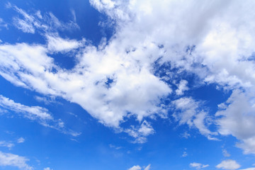 Blue sky background with white clouds. The vast blue sky and clouds sky on sunny day. White fluffy clouds in the blue sky.