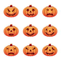 set of isolated pumpkins on white background.