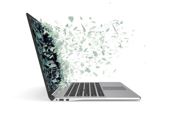 Modern metal laptop with broken screen isolated on white background. 3d illustration