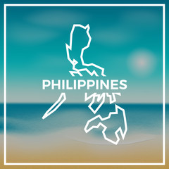 Philippines map rough outline against the backdrop of beach and tropical sea with bright sun.