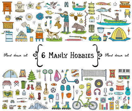 Vector set with hand drawn isolated colored doodles on the  theme of 6 manly hobbies. Symbols of beekeeping, hunting, fishing, sports, tourism, music. Sketches for use in design