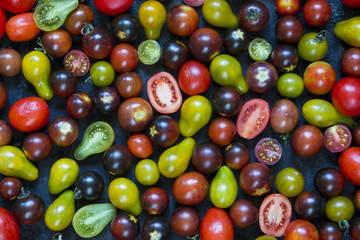 small cherry tomatoes, different colors: red, yellow, green
